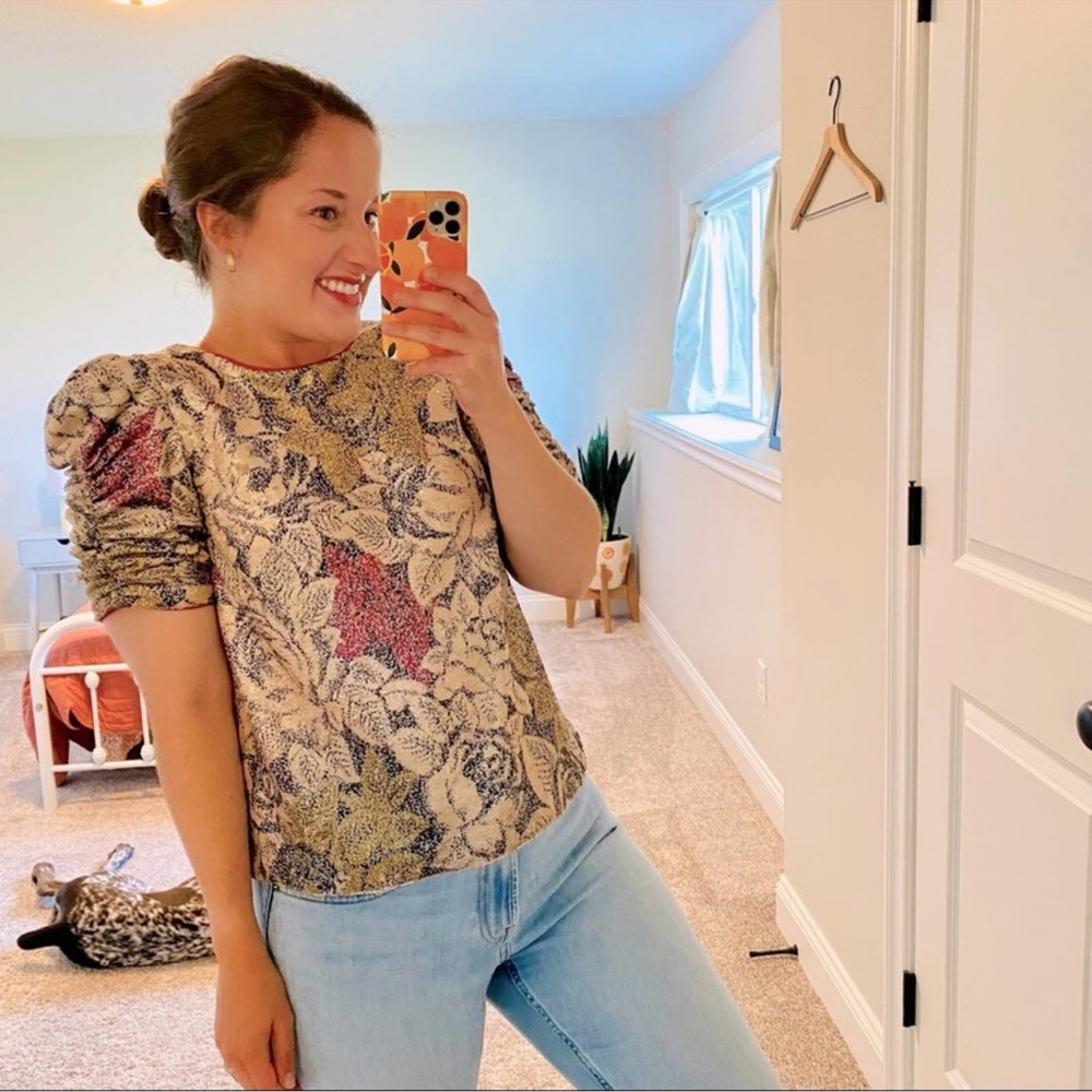 Anthropologie Marie Floral Sequin Puff Sleeve Blouse Top 2